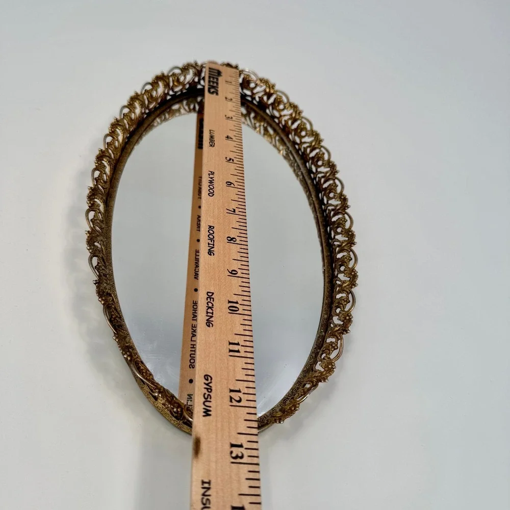 Vintage‎ 50s Oval Gold Gilt Metal Filigree Hollywood Regency Vanity Tray Mirror